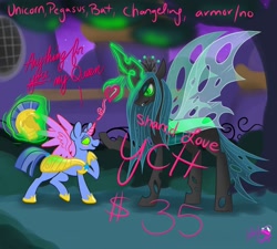 Size: 1500x1350 | Tagged: safe, artist:inkynotebook, character:queen chrysalis, oc, species:changeling, g4, changeling queen, commission, female, glowing horn, horn, raised hoof, your character here
