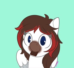 Size: 1300x1200 | Tagged: safe, artist:inkynotebook, part of a set, oc, oc only, species:pegasus, species:pony, g4, blue background, bust, chocolate, commission, food, mouth hold, pegasus oc, signature, simple background, smiling, solo, wings, ych result