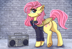 Size: 3800x2600 | Tagged: safe, artist:lakunae, character:flutterbat, character:fluttershy, species:pegasus, species:pony, g4, boombox, butt, cassette player, clothing, cute, cute little fangs, fangs, female, jacket, looking at you, mare, plot, punk, shyabetes, solo