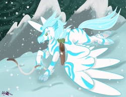 Size: 2048x1583 | Tagged: safe, artist:inkynotebook, oc, oc only, species:zebra, g4, arrow, bow (weapon), mountain, outdoors, quill, raised hoof, running, signature, snow, snowfall, solo, zebra hippogriff, zebra oc