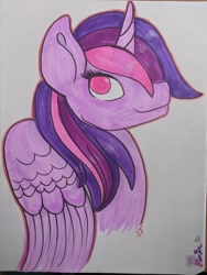Size: 1536x2048 | Tagged: safe, artist:inkynotebook, oc, oc only, oc:radiant star, species:alicorn, species:pony, g4, alicorn oc, bust, horn, smiling, solo, traditional art, wings