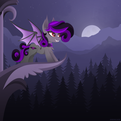 Size: 3058x3041 | Tagged: safe, artist:andaluce, oc, oc only, oc:octave zeckoria, species:bat pony, species:pony, g4, forest, moon, mountain, night, scenery, smiling, solo, spread wings, wings