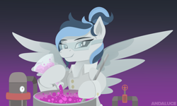 Size: 1494x897 | Tagged: safe, artist:andaluce, oc, oc only, oc:haze northfleet, species:pegasus, species:pony, g4, chemistry, clothing, gradient background, lab coat, safety goggles, science, solo