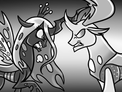 Size: 2048x1536 | Tagged: safe, artist:melspyrose, character:queen chrysalis, character:thorax, species:changedling, species:changeling, species:reformed changeling, g4, grayscale, grin, monochrome, smiling
