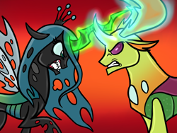 Size: 2048x1536 | Tagged: safe, alternate version, artist:melspyrose, character:queen chrysalis, character:thorax, species:changedling, species:changeling, species:reformed changeling, g4, angry, glowing horn, gritted teeth, horn, magic