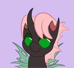 Size: 1300x1200 | Tagged: safe, artist:inkynotebook, part of a set, oc, oc only, species:changeling, g4, bust, changeling queen, changeling queen oc, commission, green changeling, purple background, simple background, smiling, solo, wings, ych result