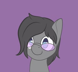 Size: 1300x1200 | Tagged: safe, artist:inkynotebook, part of a set, oc, oc only, species:earth pony, species:pony, g4, bust, commission, earth pony oc, glasses, purple background, simple background, smiling, solo, ych result