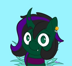 Size: 1300x1200 | Tagged: safe, artist:inkynotebook, part of a set, oc, oc only, species:changeling, g4, bust, changeling queen, changeling queen oc, choker, commission, ear piercing, earring, green changeling, jewelry, piercing, signature, simple background, smiling, solo, ych result