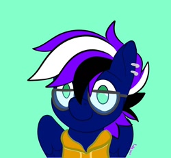 Size: 1300x1200 | Tagged: safe, artist:inkynotebook, part of a set, oc, oc only, species:pegasus, species:pony, g4, blue background, bust, clothing, commission, ear piercing, earring, glasses, hoodie, jewelry, pegasus oc, piercing, signature, simple background, smiling, solo, wings, ych result
