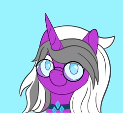 Size: 1300x1200 | Tagged: safe, artist:inkynotebook, part of a set, oc, oc only, species:pony, species:unicorn, g4, blue background, bust, choker, commission, glasses, horn, signature, simple background, smiling, solo, unicorn oc, ych result