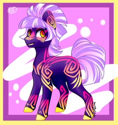 Size: 1280x1351 | Tagged: safe, artist:inkynotebook, oc, species:earth pony, species:pony, g4, abstract background, earth pony oc, hoof polish, only, signature, smiling, solo, tattoo