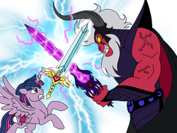 Size: 2048x1536 | Tagged: safe, artist:melspyrose, character:lord tirek, character:twilight sparkle, character:twilight sparkle (alicorn), oc:dusk shine, species:alicorn, species:pony, g4, glowing eyes, glowing horn, gritted teeth, horn, prince dusk, reference to another series, rule 63, sword, weapon