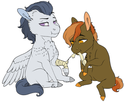 Size: 975x807 | Tagged: safe, artist:icey-wicey-1517, artist:malinraf1615, edit, character:button mash, character:rumble, species:earth pony, species:pegasus, species:pony, g4, bandage, chest fluff, collaboration, color edit, colored, colt, ear fluff, gay, hoof hold, injured, leg fluff, male, missing cutie mark, mouth hold, raised hoof, rumblemash, shipping, simple background, sitting, transparent background, tsundere, unshorn fetlocks