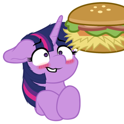 Size: 1024x1024 | Tagged: safe, artist:dammitjanuary, artist:drakizora, artist:zlobnypony, edit, character:twilight sparkle, character:twilight sparkle (unicorn), species:pony, species:unicorn, g4, blushing, burger, floppy ears, food, hay burger, simple background, solo, that pony sure does love burgers, twilight burgkle, white background