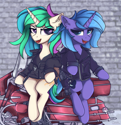 Size: 4050x4200 | Tagged: safe, artist:lakunae, character:princess celestia, character:princess luna, species:alicorn, species:pony, g4, back to back, clothing, cosplay, costume, female, gun, jacket, mad max, mare, motorcycle, royal sisters, s1 luna, shotgun, siblings, sisters, sitting, weapon
