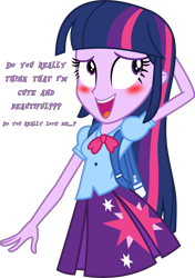 Size: 9282x13159 | Tagged: safe, artist:firesidearmy46231, character:twilight sparkle, character:twilight sparkle (alicorn), species:eqg human, equestria girls:equestria girls, g4, my little pony: equestria girls, my little pony:equestria girls, arm behind head, backpack, blushing, bronybait, clothing, cute, cutie mark, cutie mark on clothes, dialogue, female, pleated skirt, simple background, skirt, solo, talking to viewer, transparent background, twiabetes, vector