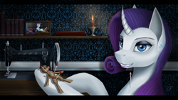 Size: 3920x2205 | Tagged: safe, artist:dezdark, character:rarity, species:pony, species:unicorn, g4, bookshelf, bust, candle, curved horn, female, horn, mare, portrait, sewing machine, solo, voodoo doll, wallpaper