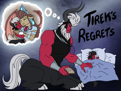 Size: 2048x1536 | Tagged: safe, artist:melspyrose, character:lord tirek, character:queen haydon, oc, oc:prince torak, species:centaur, species:gargoyle, g4, spoiler:comic, bed, bracer, cloven hooves, colored hooves, cute, dream, eyes closed, father and child, father and son, male, nose piercing, nose ring, piercing, sleeping, thinking, tirebetes