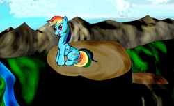 Size: 2320x1412 | Tagged: safe, artist:almaustral, character:rainbow dash, species:pegasus, species:pony, g4, backwards cutie mark, cloud, female, mare, outdoors, river, solo