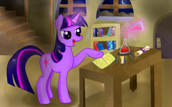 Size: 3500x2176 | Tagged: safe, artist:almaustral, character:twilight sparkle, character:twilight sparkle (unicorn), species:pony, species:unicorn, g4, book, colt, erlenmeyer flask, female, flask, glowing horn, horn, indoors, magic, male, mare, open mouth, raised hoof, smiling, solo, telekinesis
