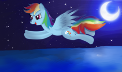 Size: 3303x1953 | Tagged: safe, artist:almaustral, character:rainbow dash, species:pegasus, species:pony, g4, backwards cutie mark, crescent moon, female, flying, mare, moon, night, open mouth, outdoors, solo, stars