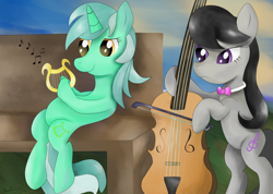 Size: 2000x1420 | Tagged: safe, alternate version, artist:almaustral, character:lyra heartstrings, character:octavia melody, species:earth pony, species:pony, species:unicorn, g4, bow tie, cello, colored, duo, female, harp, hoof hold, mare, musical instrument, sitting