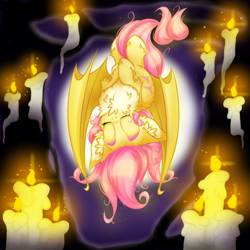 Size: 2500x2500 | Tagged: safe, artist:rurihal, character:flutterbat, character:fluttershy, species:bat pony, g4, bat ponified, candle, chest fluff, ear fluff, eyes closed, fire, hoof fluff, lair, light, race swap, solo, upside down