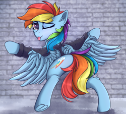 Size: 4200x3800 | Tagged: safe, artist:lakunae, character:rainbow dash, species:pegasus, species:pony, g4, ;p, butt, clothing, ear fluff, female, frog (hoof), jacket, looking at you, looking back, looking back at you, mare, one eye closed, ouch, rainbow crash, rainbutt dash, tongue out, underhoof, wink