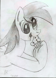 Size: 870x1200 | Tagged: safe, artist:almaustral, character:derpy hooves, species:pegasus, species:pony, g4, bust, eyelashes, female, food, grayscale, hoof hold, mare, monochrome, muffin, open mouth, smiling, solo, traditional art