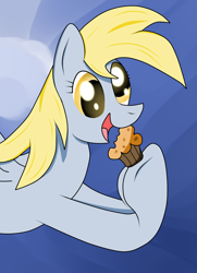 Size: 2488x3432 | Tagged: safe, alternate version, artist:almaustral, character:derpy hooves, species:pegasus, species:pony, g4, abstract background, bust, colored, eyelashes, female, food, grayscale, hoof hold, mare, monochrome, muffin, open mouth, smiling, solo