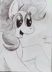 Size: 863x1200 | Tagged: safe, artist:almaustral, character:pinkie pie, species:earth pony, species:pony, g4, bust, eyelashes, female, grayscale, mare, monochrome, open mouth, signature, smiling, solo, traditional art