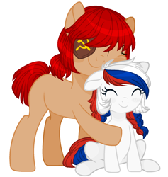 Size: 1593x1681 | Tagged: safe, artist:katnekobase, artist:thieeur-nawng, base used, oc, oc only, species:earth pony, species:pony, nation ponies, g4, braid, duo, eyepatch, female, hammer and sickle, hug, mare, ponified, russia, simple background, smiling, white background