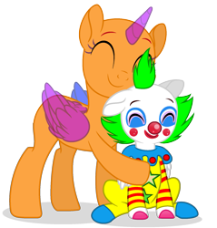 Size: 1645x1721 | Tagged: safe, artist:katnekobase, artist:pepppermintfox, oc, oc only, species:alicorn, species:pony, g4, alicorn oc, bald, clothing, clown, clown nose, collaboration, duo, eyelashes, eyes closed, horn, red nose, signature, simple background, smiling, transparent background, wings