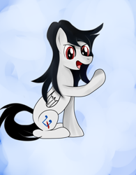 Size: 1992x2548 | Tagged: safe, artist:almaustral, oc, oc only, oc:lighting wind, species:pegasus, species:pony, g4, abstract background, open mouth, pegasus oc, raised hoof, smiling, solo, wings