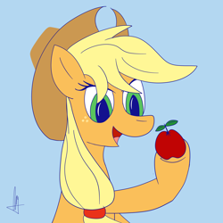 Size: 2000x2000 | Tagged: safe, artist:almaustral, character:applejack, species:earth pony, species:pony, g4, blue background, bust, clothing, eyelashes, female, hat, hoof hold, mare, open mouth, signature, simple background, solo
