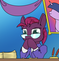Size: 1300x1336 | Tagged: source needed, safe, artist:dacaoo, character:tempest shadow, character:twilight sparkle, species:pony, species:unicorn, g4, clothing, desk, gendo pose, glasses, picture frame, suit