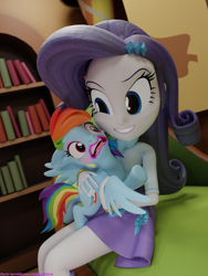 Size: 3750x5000 | Tagged: safe, artist:extremespeed slowpoke, character:rainbow dash, character:rarity, species:pegasus, species:pony, g4, my little pony:equestria girls, 3d, blender, blushing, eyeshadow, forced makeover, grin, human and pony, lipstick, makeup, open mouth, smiling, tomboy taming