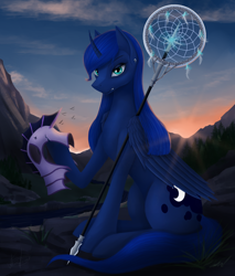 Size: 2610x3060 | Tagged: safe, artist:dezdark, character:princess luna, species:alicorn, species:bird, species:pony, g4, angry, cliff, cloud, curved horn, ear piercing, earring, eyeshadow, forest, helmet, horn, jewelry, looking at you, makeup, mountain, piercing, river, scenery, solo, sun, tree