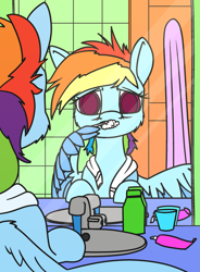 Size: 1033x1400 | Tagged: safe, artist:dacaoo, character:rainbow dash, species:pegasus, species:pony, g4, bathroom, bed hair, brushing teeth, messy mane, sink, solo, tired, toothpaste, towel, wing hands, wings