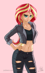 Size: 1200x1920 | Tagged: safe, artist:cherrymocaccino, artist:zuko42, character:sunset shimmer, species:human, art pack:music album 'e.g.8 themes', g4, my little pony:equestria girls, belly button, clothing, female, humanized, jacket, jeans, leather jacket, looking at you, midriff, pants, ripped jeans, ripped pants, solo, torn clothes