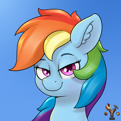 Size: 4000x4000 | Tagged: safe, artist:yelowcrom, character:rainbow dash, species:pegasus, species:pony, g4, bust, cute, dashabetes, ear fluff, female, looking at you, mare, portrait, simple background, solo