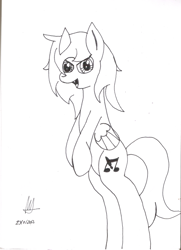 Size: 1722x2372 | Tagged: safe, artist:almaustral, oc, oc only, oc:lighting wind, species:pegasus, species:pony, g4, bipedal, lineart, monochrome, open mouth, pegasus oc, signature, smiling, solo, traditional art, wings
