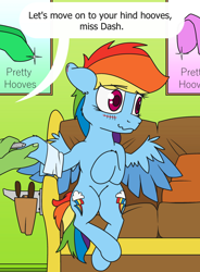 Size: 1028x1400 | Tagged: safe, artist:dacaoo, character:rainbow dash, oc, oc:anon, species:human, species:pegasus, species:pony, g4, blushing, coach, hooficure, sitting, tools