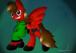 Size: 3100x2200 | Tagged: safe, artist:almaustral, oc, oc only, species:pegasus, species:pony, g4, clothing, grin, pegasus oc, raised hoof, signature, smiling, solo, unshorn fetlocks, wings