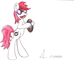 Size: 2540x2111 | Tagged: safe, artist:almaustral, oc, oc only, species:earth pony, species:pony, g4, :d, bipedal, disc, earth pony oc, hoof hold, open mouth, signature, smiling, solo, sunglasses, traditional art