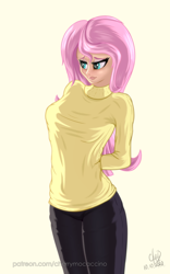 Size: 1200x1920 | Tagged: safe, artist:cherrymocaccino, artist:zuko42, character:fluttershy, species:human, art pack:music album 'e.g.8 themes', g4, my little pony:equestria girls, adorasexy, arm behind back, blushing, breasts, busty fluttershy, clothing, cute, eyeshadow, female, humanized, makeup, pants, sexy, shyabetes, solo