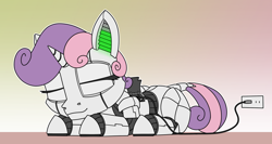 Size: 2000x1063 | Tagged: safe, artist:dacaoo, character:sweetie belle, sweetie bot, g4, charging, lying down, prone, robot, sleeping