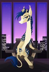 Size: 1724x2511 | Tagged: safe, artist:andaluce, oc, oc:procerus, g4, city, cityscape, giraffe, indoors, lineless, sitting, solo