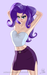 Size: 1200x1920 | Tagged: safe, artist:cherrymocaccino, artist:zuko42, character:rarity, species:human, art pack:music album 'e.g.8 themes', g4, my little pony:equestria girls, arm behind head, armpits, belly button, breasts, busty rarity, cleavage, clothing, female, humanized, looking at you, miniskirt, skirt, solo