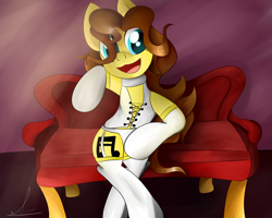 Size: 3100x2484 | Tagged: safe, artist:almaustral, oc, oc only, oc:billy rose, species:pegasus, species:pony, g4, couch, female, open mouth, pegasus oc, semi-anthro, sitting, smiling